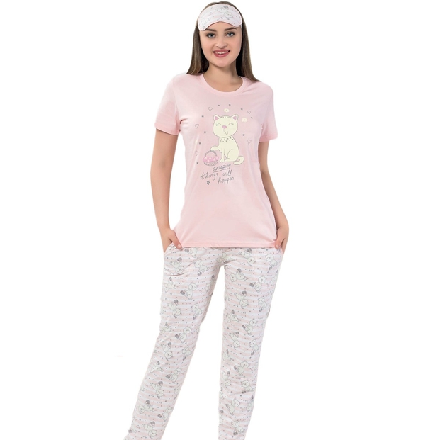 Pudra Kedi Desenli Kısa Kollu Pijama Kadın Takımı - 1