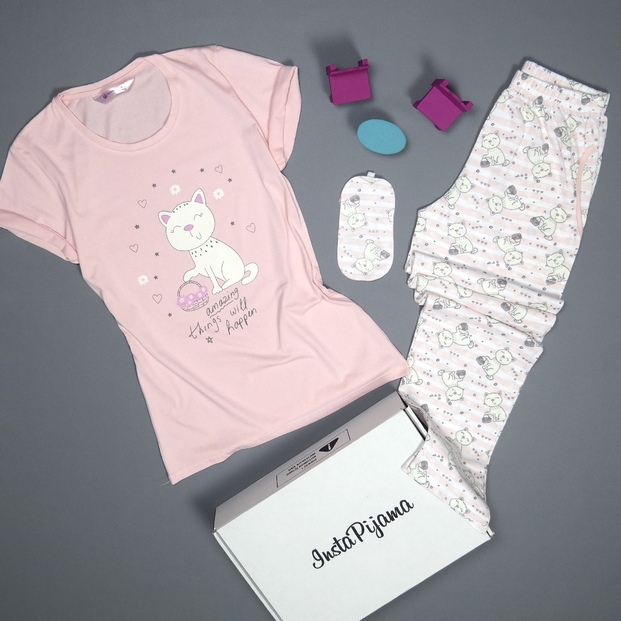 Pudra Kedi Desenli Kısa Kollu Pijama Kadın Takımı - 2