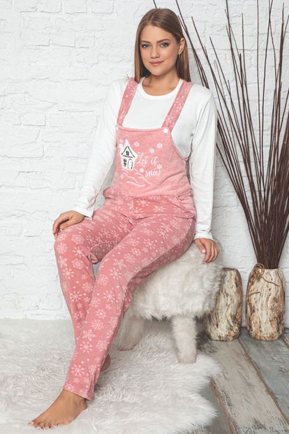 Pudra Let it Snow Desenli Kadın Polar Peluş Tulum Pijama Takımı - 2