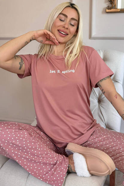 Pudra Let It Spring Desenli Bambu Kısa Kol Kadın Pijama Takımı - 1