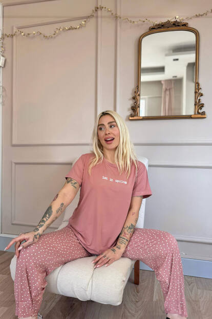 Pudra Let It Spring Desenli Bambu Kısa Kol Kadın Pijama Takımı - 2