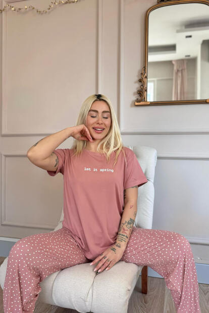 Pudra Let It Spring Desenli Bambu Kısa Kol Kadın Pijama Takımı - 3