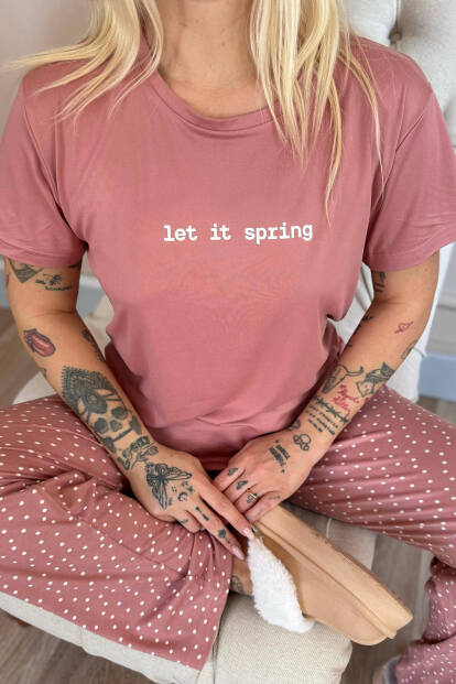 Pudra Let It Spring Desenli Bambu Kısa Kol Kadın Pijama Takımı - 4