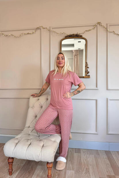 Pudra Let It Spring Desenli Bambu Kısa Kol Kadın Pijama Takımı - 5