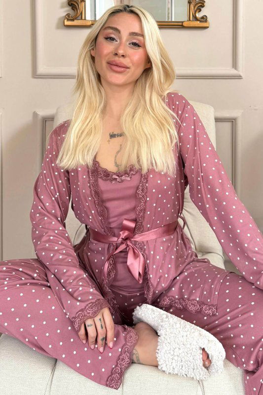 Pudra Mini Puan Desenli Bambu Sabahlıklı Kadın Pijama Takımı - Pijamaevi