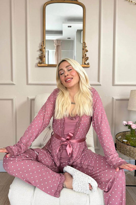 Pudra Mini Puan Desenli Bambu Sabahlıklı Kadın Pijama Takımı - Pijamaevi (1)