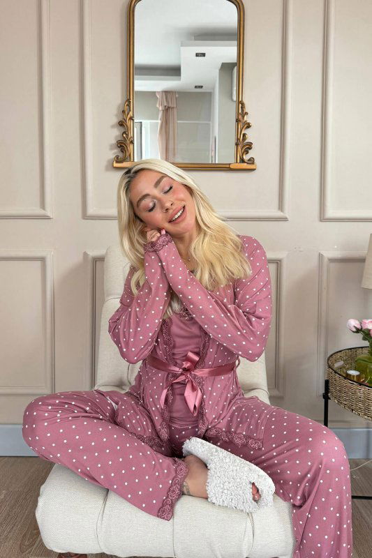 Pudra Mini Puan Desenli Bambu Sabahlıklı Kadın Pijama Takımı - Pijamaevi (2)