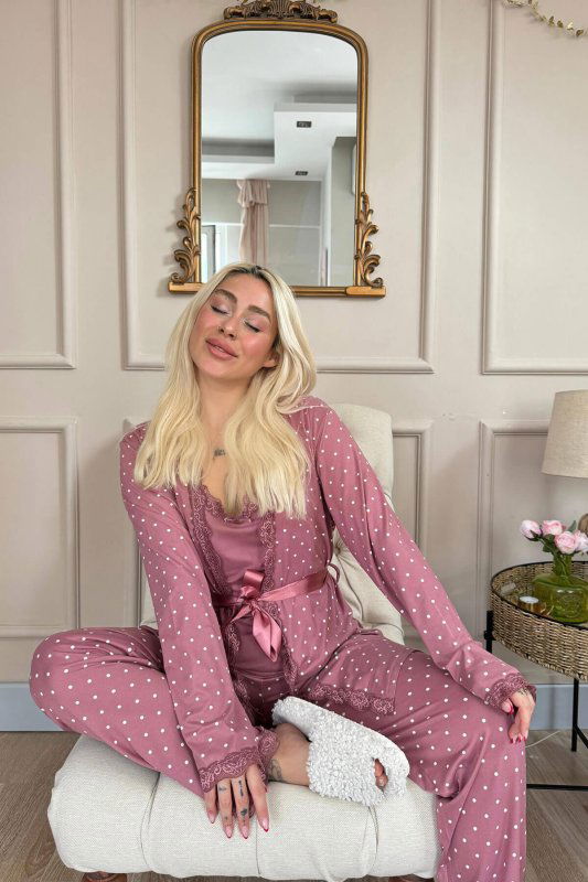 Pudra Mini Puan Desenli Bambu Sabahlıklı Kadın Pijama Takımı - Pijamaevi (3)