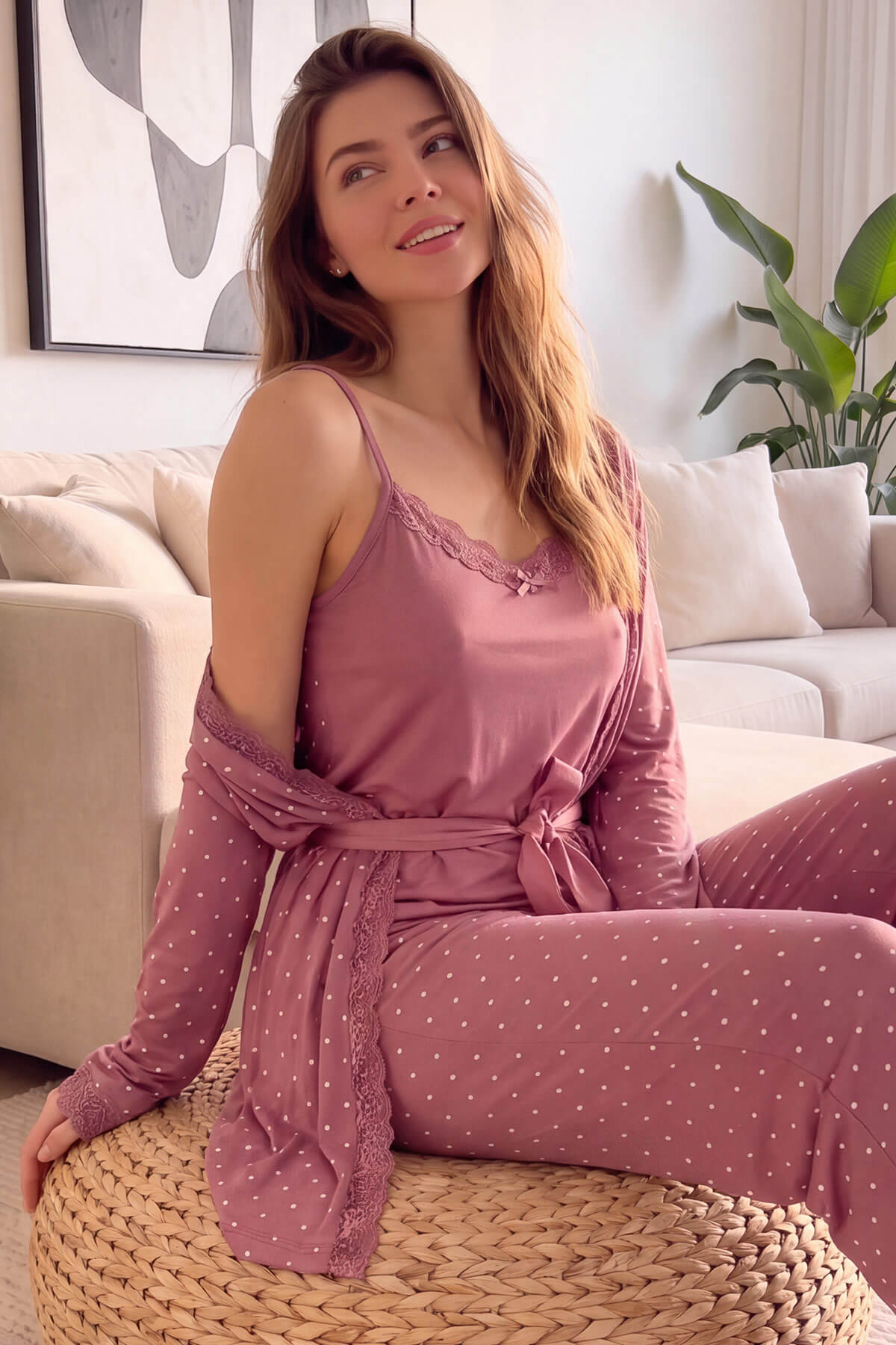 Pudra Mini Puan Desenli Bambu Sabahlıklı Kadın Pijama Takımı - Pijamaevi
