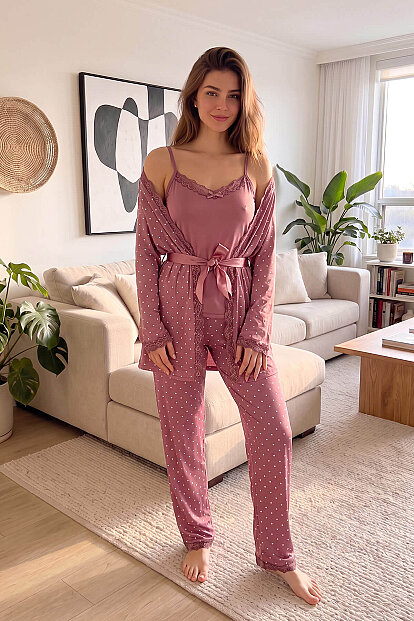 Pudra Mini Puan Desenli Bambu Sabahlıklı Kadın Pijama Takımı - 7