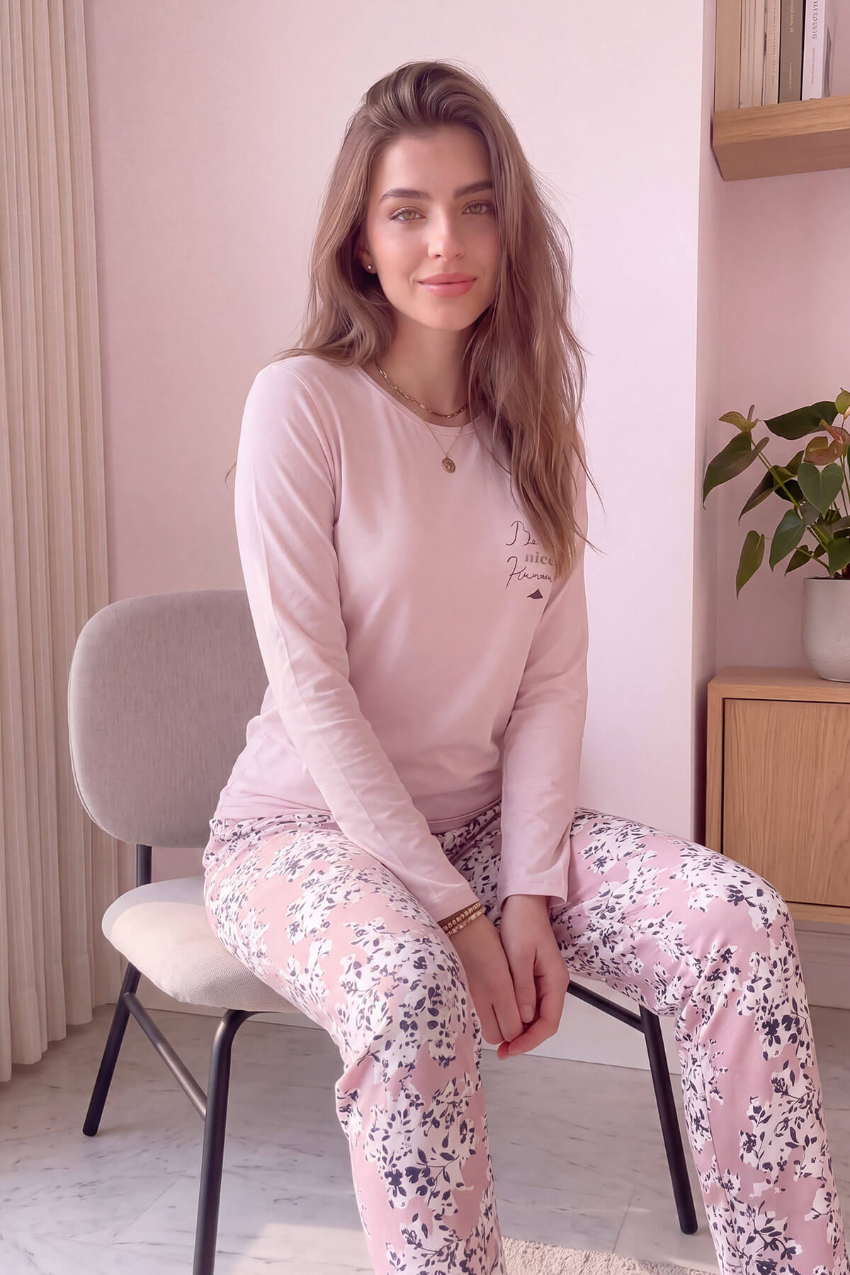 Pudra Nice Desenli Bambu Uzun Kol Kadın Pijama Takımı - Pijamaevi (1)