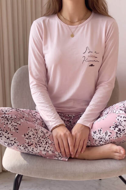 Pudra Nice Desenli Bambu Uzun Kol Kadın Pijama Takımı - 5