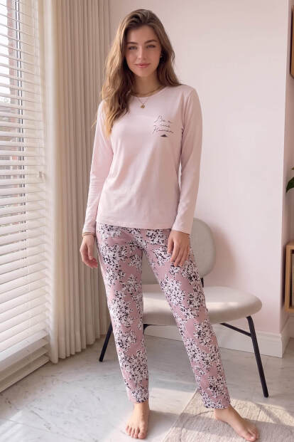 Pudra Nice Desenli Bambu Uzun Kol Kadın Pijama Takımı - 6
