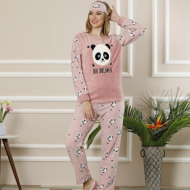 Pudra Panda Big Dreamer Desenli Kadın Peluş Pijama Takımı - 1