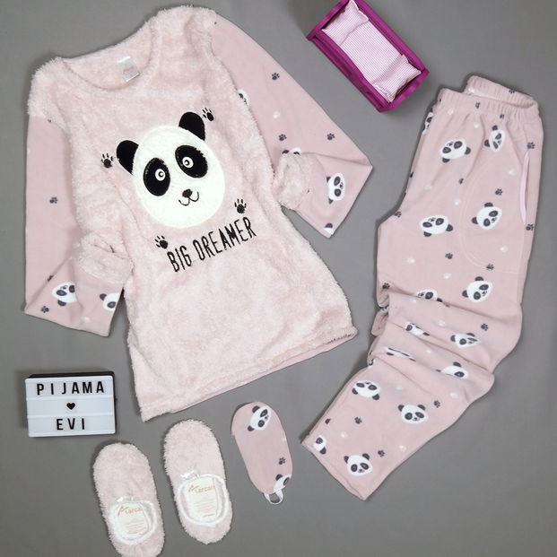 Pudra Panda Big Dreamer Desenli Kadın Peluş Pijama Takımı - 2