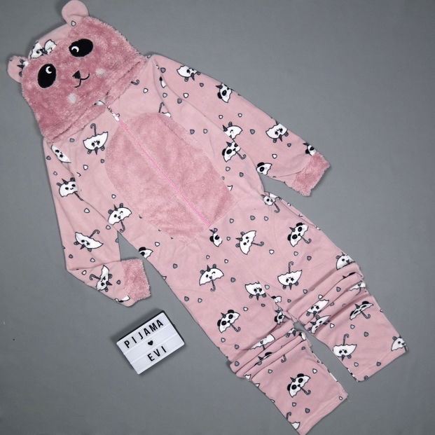 Pudra Panda Desenli Kadın Polar Peluş Tulum Pijama Takımı - 1