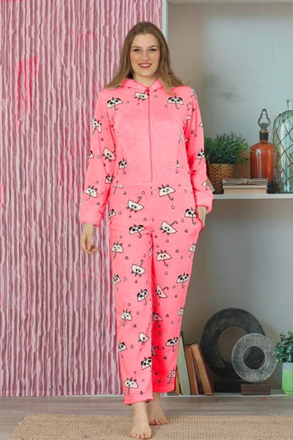 Pudra Panda Desenli Kadın Polar Peluş Tulum Pijama Takımı - 2
