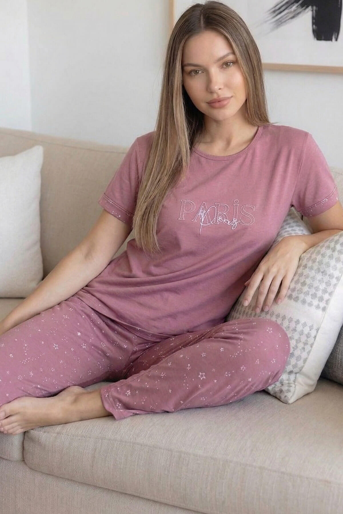 Pudra Paris Desenli Bambu Kısa Kol Kadın Pijama Takımı - Pijamaevi (1)