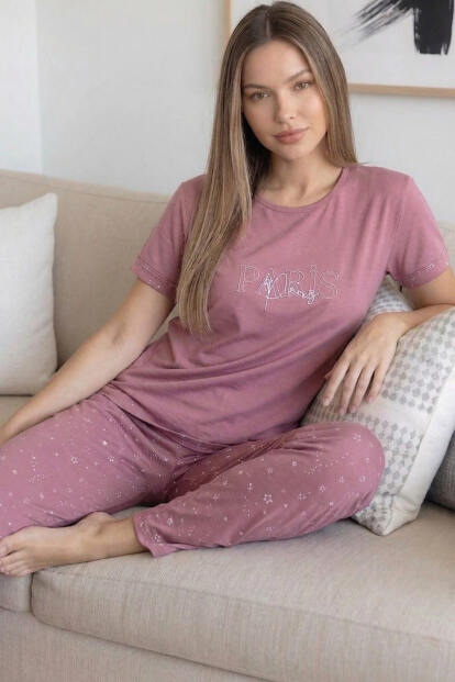 Pudra Paris Desenli Bambu Kısa Kol Kadın Pijama Takımı - 2