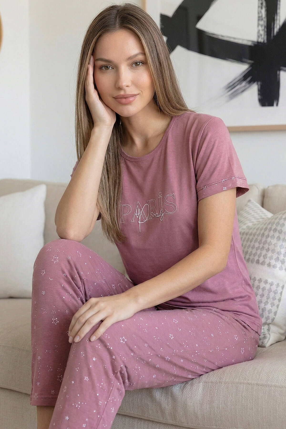 Pudra Paris Desenli Bambu Kısa Kol Kadın Pijama Takımı - Pijamaevi (2)
