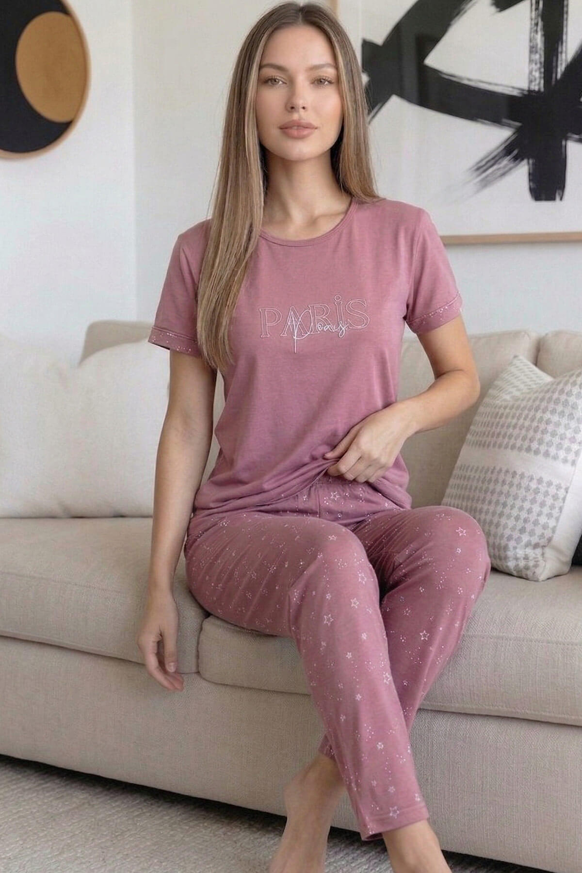 Pudra Paris Desenli Bambu Kısa Kol Kadın Pijama Takımı - Pijamaevi (3)