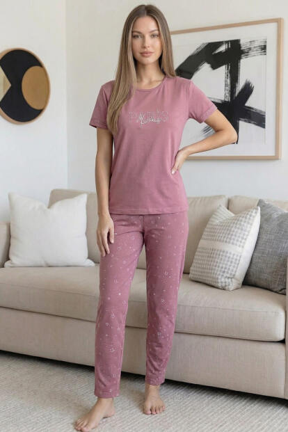 Pudra Paris Desenli Bambu Kısa Kol Kadın Pijama Takımı - 6
