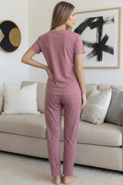 Pudra Paris Desenli Bambu Kısa Kol Kadın Pijama Takımı - 7