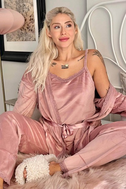 Pudra Pearl Exclusive Kadife Sabahlıklı Kadın Pijama Takımı  