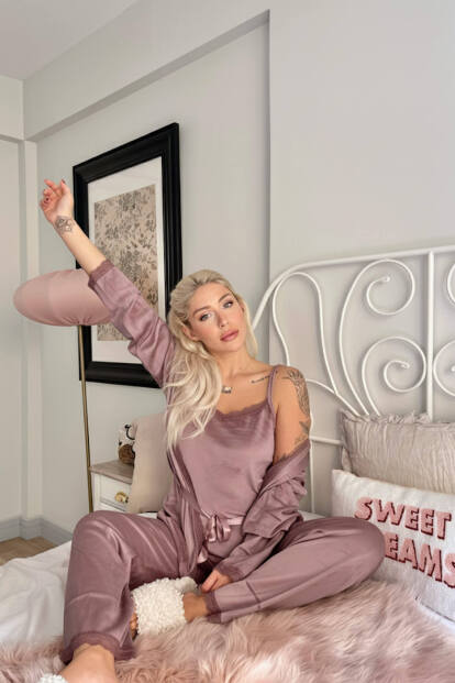Pudra Pearl Exclusive Kadife Sabahlıklı Kadın Pijama Takımı  - 2
