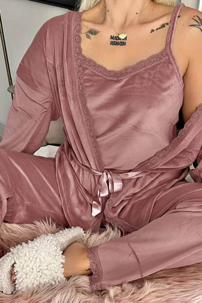 Pudra Pearl Exclusive Kadife Sabahlıklı Kadın Pijama Takımı  - 4
