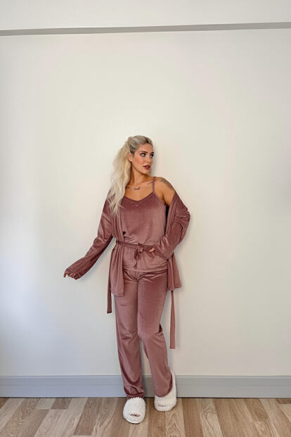Pudra Pearl Exclusive Kadife Sabahlıklı Kadın Pijama Takımı  - 5