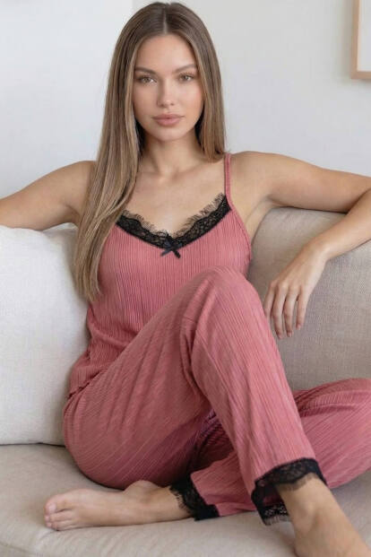 Pudra Pegasus Dantelli Ip Askılı Örme Kadın Pijama Takımı 