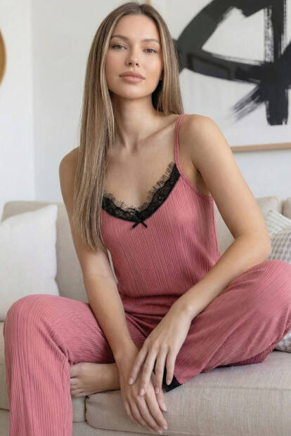 Pudra Pegasus Dantelli Ip Askılı Örme Kadın Pijama Takımı - 3