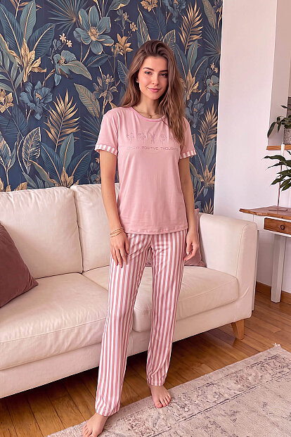 Pudra Positive Desenli Bambu Kısa Kol Kadın Pijama Takımı - 7