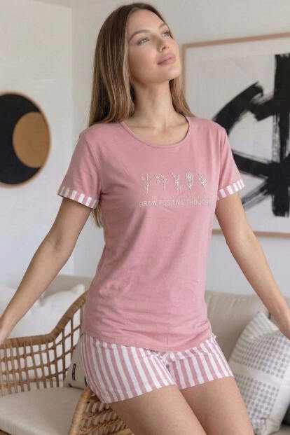 Pudra Positive Desenli Bambu Kısa Kol Şortlu Kadın Pijama Takımı - 1