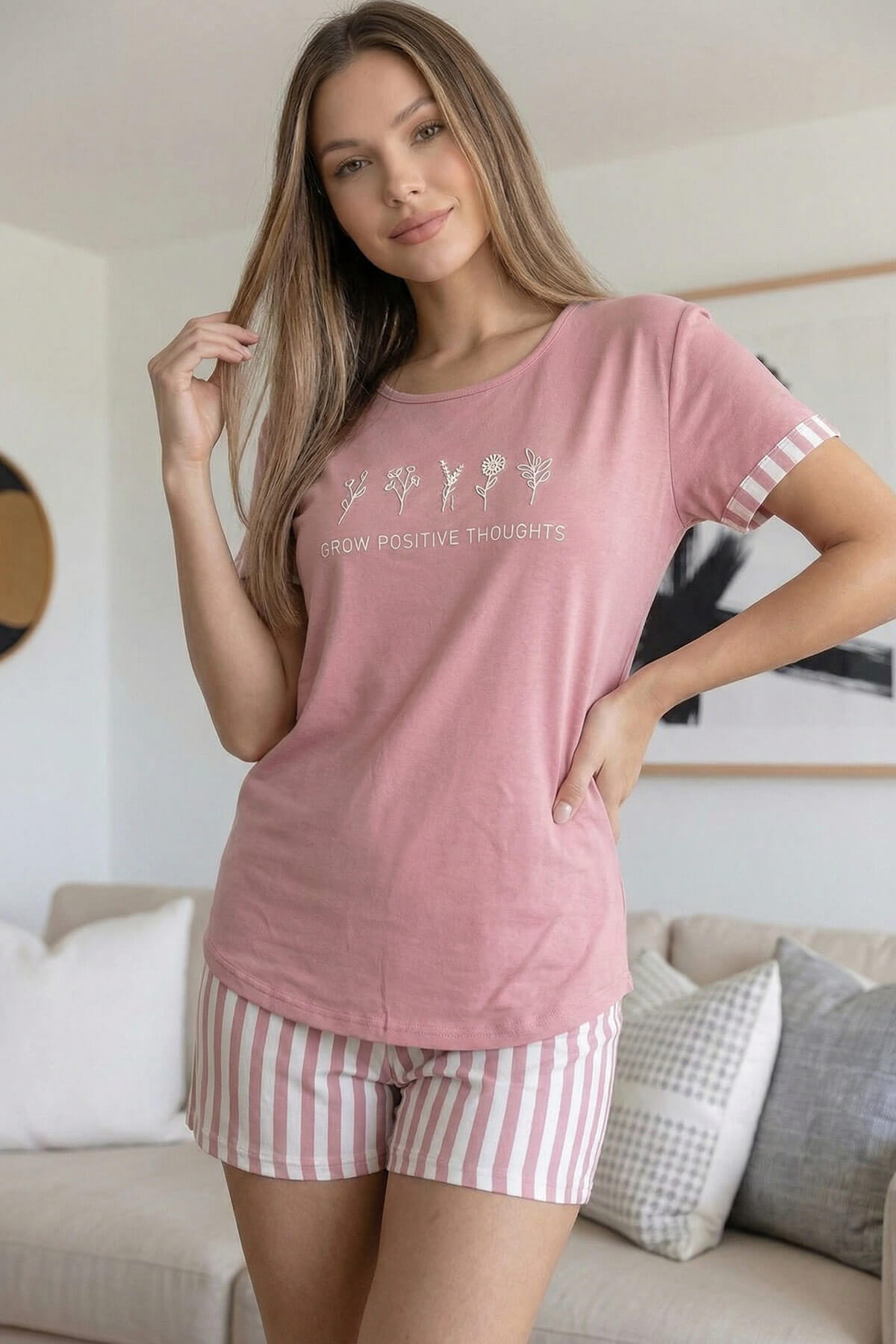 Pudra Positive Desenli Bambu Kısa Kol Şortlu Kadın Pijama Takımı - Pijamaevi (2)
