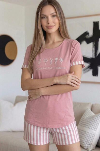 Pudra Positive Desenli Bambu Kısa Kol Şortlu Kadın Pijama Takımı - 4