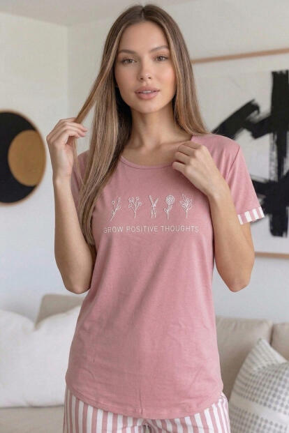 Pudra Positive Desenli Bambu Kısa Kol Şortlu Kadın Pijama Takımı - 5