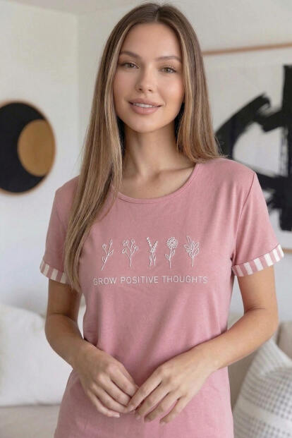 Pudra Positive Desenli Bambu Kısa Kol Şortlu Kadın Pijama Takımı - 6