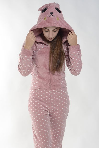 Pudra Puanlı Kadın Polar Peluş Tulum Pijama Takımı - 3