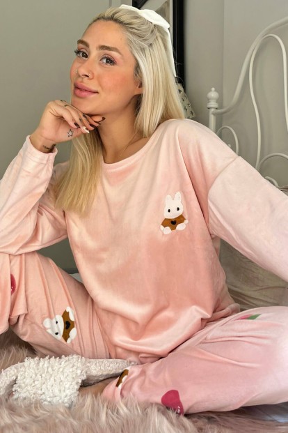 Pudra Rabbit Desenli Exclusive Kadife Kadın Pijama Takımı  - 1