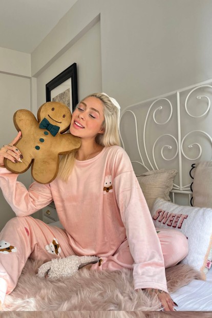 Pudra Rabbit Desenli Exclusive Kadife Kadın Pijama Takımı  - 2