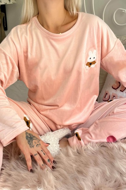Pudra Rabbit Desenli Exclusive Kadife Kadın Pijama Takımı  - 4
