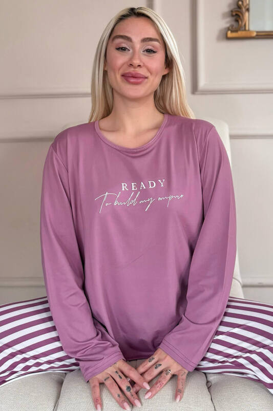 Pudra Ready Desenli Bambu Uzun Kol Kadın Pijama Takımı - Pijamaevi