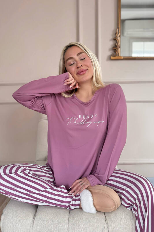 Pudra Ready Desenli Bambu Uzun Kol Kadın Pijama Takımı - Pijamaevi (1)