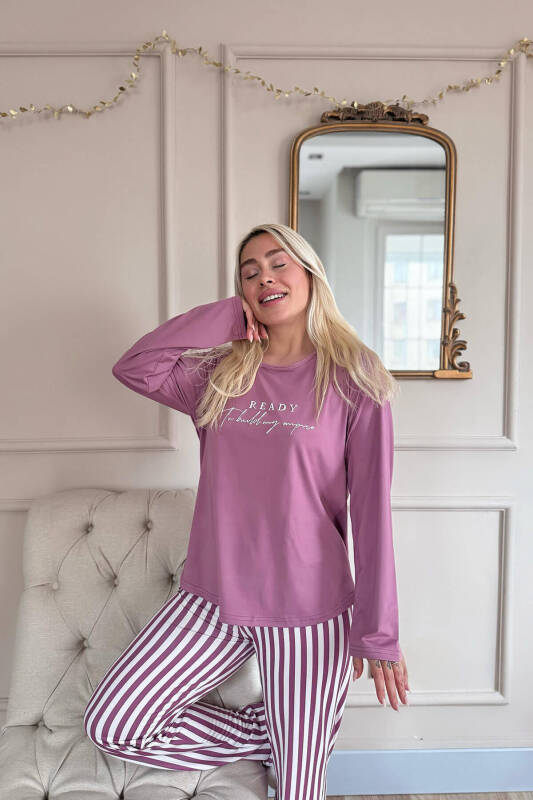 Pudra Ready Desenli Bambu Uzun Kol Kadın Pijama Takımı - Pijamaevi (3)