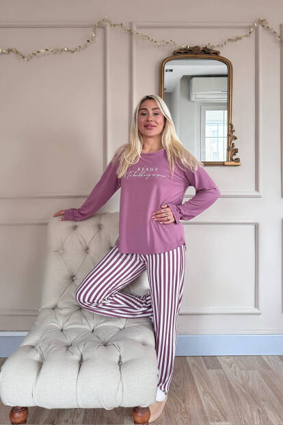 Pudra Ready Desenli Bambu Uzun Kol Kadın Pijama Takımı - 6