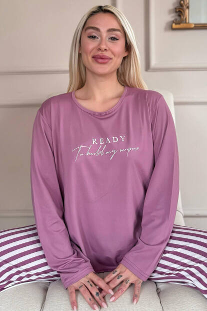 Pudra Ready Desenli Bambu Uzun Kol Kadın Pijama Takımı - 7