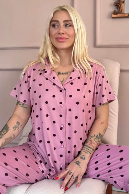 Pudra Royal Dots Desenli Bambu Önden Düğmeli Kısa Kol Pijama Takımı - 6