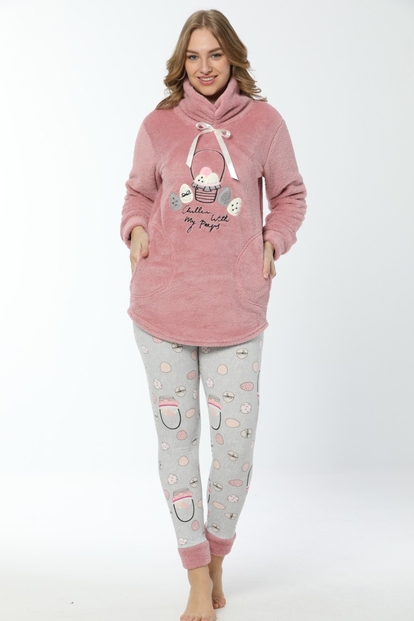Pudra Sepet Desenli Tam Peluş Pijama Takımı - 1